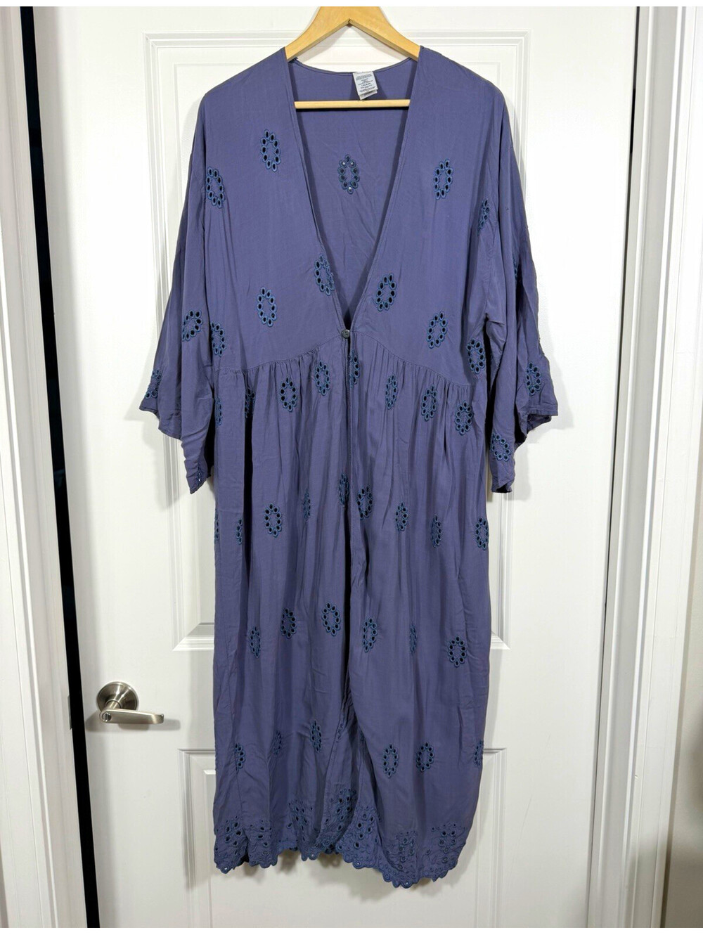 Blue Eyelet Embroidered Long Duster Kimono Cardigan Size L/XL Boho Cottagecore